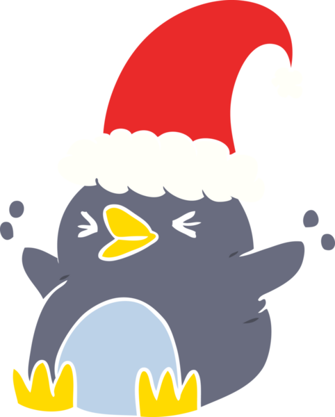 Bir insan tarafından çizilmiş bir noel şapkası giyen düz renkli penguen.