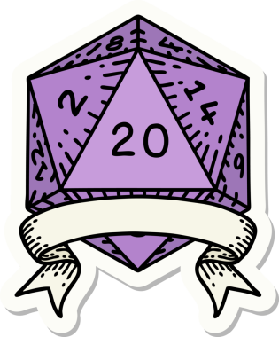 Bir insan tarafından çizilmiş 20 kritik vuruşluk D20 zar etiketi.