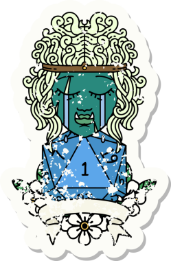 Retro Dövme Tarzı Ağlayan Ork Barbar Karakteri Bir insan tarafından çizilmiş doğal D20 rulosu