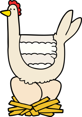 Bir insan tarafından çizilmiş yumurtaların üzerinde oturan tavuk çizgi filmi.