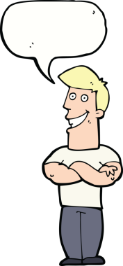 Bir insan tarafından çizilmiş konuşma balonuyla sırıtan çizgi film adamı.