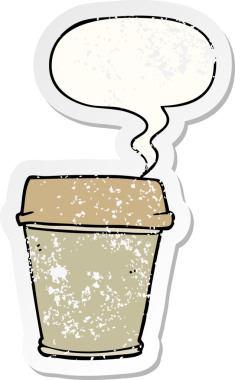 Çizgi film, bir insan tarafından çizilmiş sıkıntılı eski çıkartmalı konuşma balonlu kahveyi dışarı çıkarır.