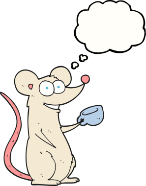 Bir insan tarafından çizilmiş bir fincan çayla serbest çizilmiş düşünce kabarcığı faresi.