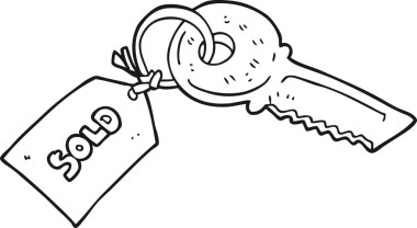 freehand drawn black and white cartoon key with sold tag drawn by a human