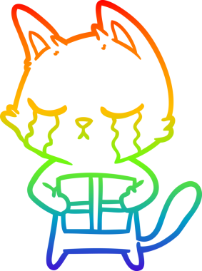 Gökkuşağı gradyan çizgisi, elinde bir insan tarafından çizilmiş Noel hediyesini tutan ağlayan bir çizgi film kedisinin çizimi.