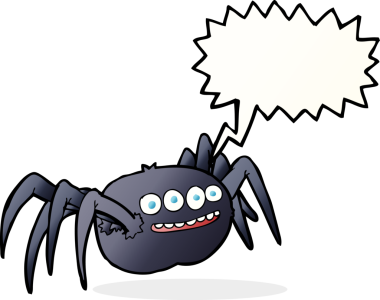 Bir insan tarafından çizilmiş konuşma baloncuğu olan karikatürlü korkunç örümcek.