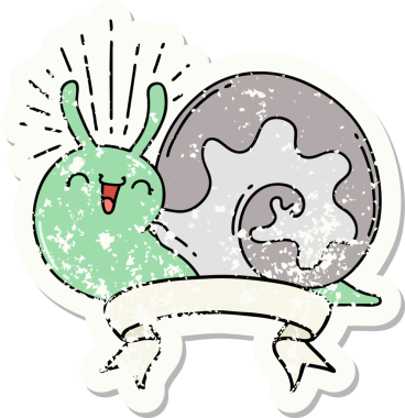 Dövme stili eski bir çıkartma. Bir insan tarafından çizilmiş mutlu salyangoz.