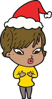 Bir insan tarafından çizilmiş Noel Baba şapkası giyen bir kadının el çizimi.