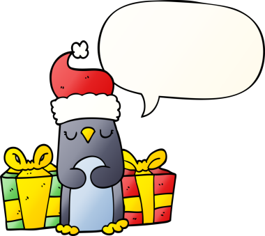Bir insan tarafından çizilmiş hoş bir noel pengueni konuşma baloncuğu ile
