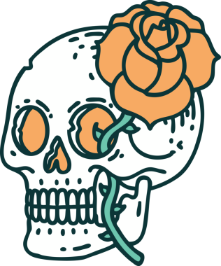 Bir insan tarafından çizilmiş bir kafatası ve gülün ikonik dövme şekli