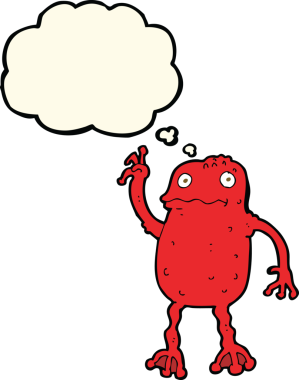 Bir insan tarafından çizilmiş düşünce baloncuklu zehirli kurbağa çizgi filmi.