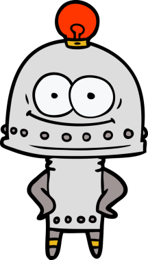 Bir insan tarafından çizilmiş ampullü mutlu karton robot.