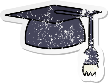 Bir insan tarafından çizilmiş şirin bir çizgi film mezuniyet şapkasının sıkıntılı çıkartması.