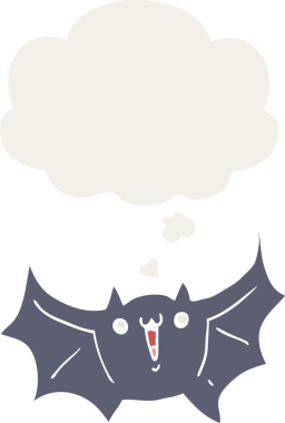 Bir insan tarafından çizilmiş düşünce baloncuklu mutlu vampir yarasa çizgi filmi.