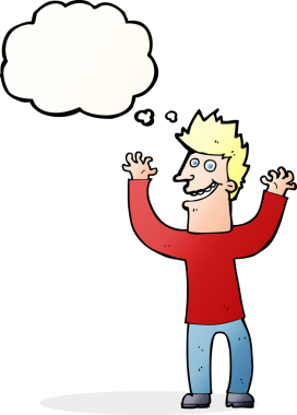 Bir insan tarafından çizilmiş düşünce baloncuğu ile heyecanlı bir adam.