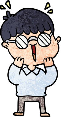 Bir insan tarafından çizilmiş gözlüklü mutlu çocuk.