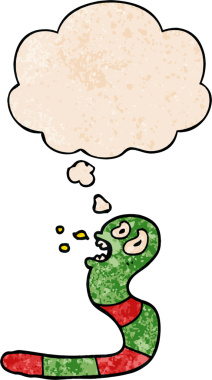 Bir insan tarafından çizilmiş grunge desenli düşünce baloncuklu karikatür korkmuş solucan.