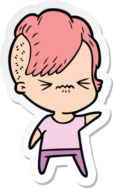 Çizgi film çıkartması. Bir insan tarafından çizilmiş sinirli hippi kız.