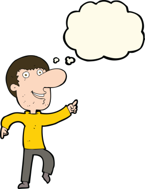 Bir insan tarafından çizilmiş düşünce baloncuğuyla dans eden mutlu adam çizgi filmi.