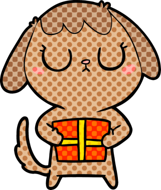 Bir insan tarafından çizilmiş Noel hediyesi olan sevimli bir çizgi film köpeği.