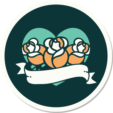 Geleneksel kalp stili dövme çıkartması ve bir insan tarafından çizilmiş çiçekli pankart.