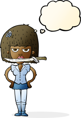 Bir insan tarafından çizilmiş düşünce baloncuğuyla dişlerinin arasında bıçak taşıyan çizgi film kadını.