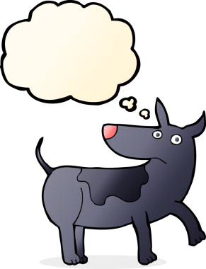 Bir insan tarafından çizilmiş düşünce balonlu komik çizgi film köpeği.