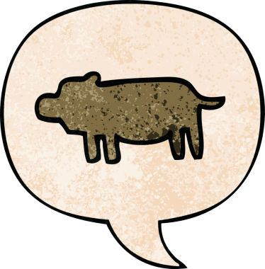 cartoon animal symbol with speech bubble in retro texture style drawn by a human