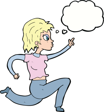 Bir insan tarafından çizilmiş düşünce balonuyla koşan ve işaret eden çizgi film kadını.