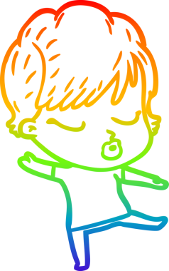 Gökkuşağı gradyan çizgi çizimi bir insan tarafından çizilmiş gözleri olan bir karikatür kadın