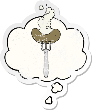 Düşünce baloncuklu çatal üzerinde çizgi film sosisi insan tarafından çizilmiş yıpranmış bir çıkartma gibi.