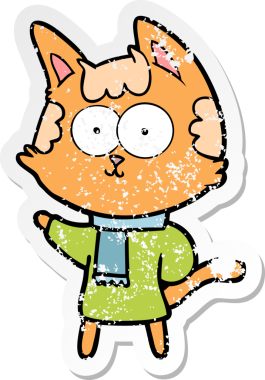 distressed sticker of a happy cartoon cat in winter clothes drawn by a human