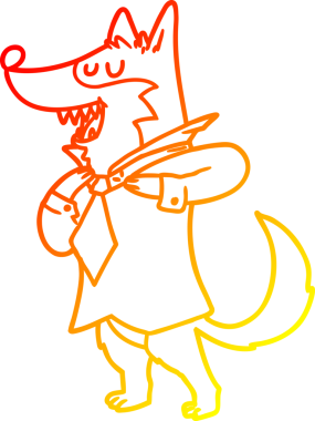 warm gradient line drawing of a cartoon office wolf getting dressed drawn by a human