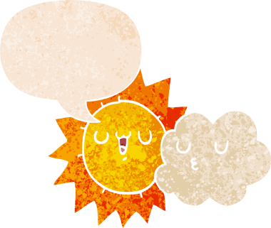 bir insan tarafından çizilmiş grunge sıkıntılı retro stil konuşma balonu ile çizgi film güneş ve bulut