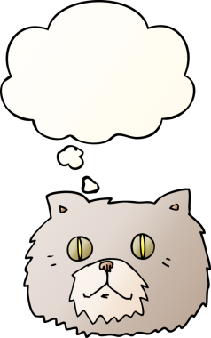 Düşünce baloncuğu olan çizgi film kedisi yüzü bir insan tarafından çizilmiş.