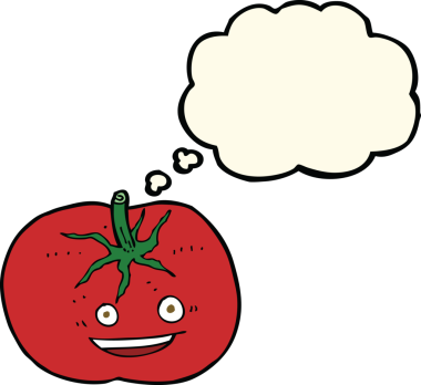 Bir insan tarafından çizilmiş düşünce baloncuklu domates.