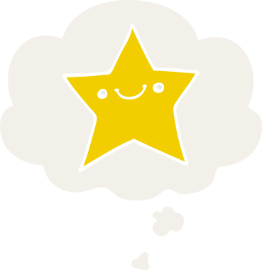 happy cartoon star with thought bubble in retro style drawn by a human