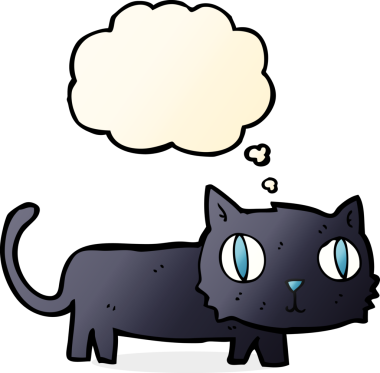 Bir insan tarafından çizilmiş düşünce baloncuklu kara kedi.