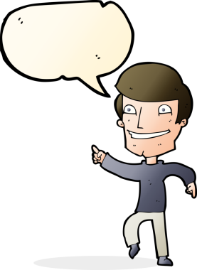 Bir insan tarafından çizilmiş konuşma balonuyla işaret eden mutlu adam çizgi filmi.