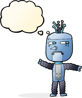 Bir insan tarafından çizilmiş düşünce baloncuklu çizgi film robotu.