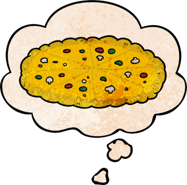 Bir insan tarafından çizilmiş grunge desenli düşünce baloncuklu çizgi film pizzası.