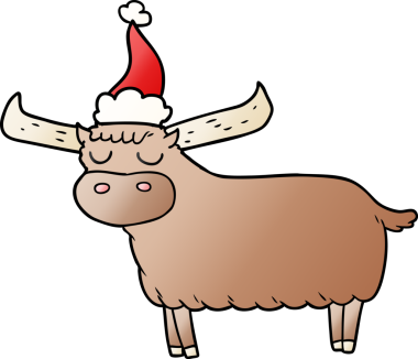 Bir insan tarafından çizilmiş Noel Baba şapkası takan bir boğanın gradyan çizimi.