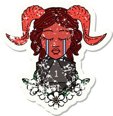 Ağlayan kiremitli bir karakterin grunge çıkartması. Bir insan tarafından çizilmiş doğal bir D20 zarlı.