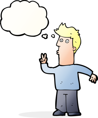 Bir insan tarafından çizilmiş düşünce baloncuğuyla el işareti yapan çizgi film adamı.