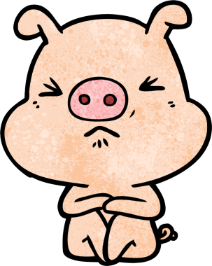 Bir insan tarafından çizilmiş kızgın bir domuz oturmuş bekliyor.