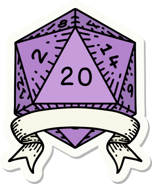 Bir insan tarafından çizilmiş 20 kritik vuruşluk D20 zar etiketi.