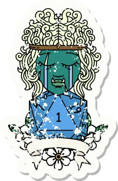 Retro Dövme Tarzı Ağlayan Ork Barbar Karakteri Bir insan tarafından çizilmiş doğal D20 rulosu