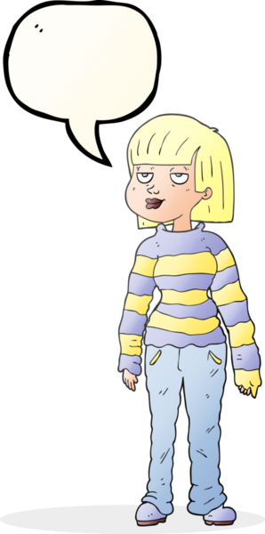 Bir insan tarafından çizilmiş günlük giysiler içindeki serbest konuşma balonu karikatürü kadın.