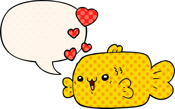 cute cartoon fish with love hearts with speech bubble in comic book style drawn by a human