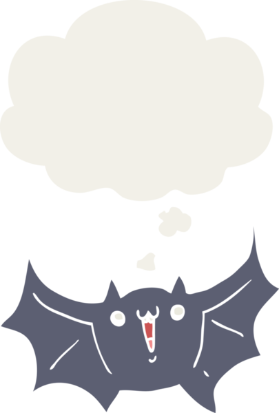 Bir insan tarafından çizilmiş düşünce baloncuklu mutlu vampir yarasa çizgi filmi.